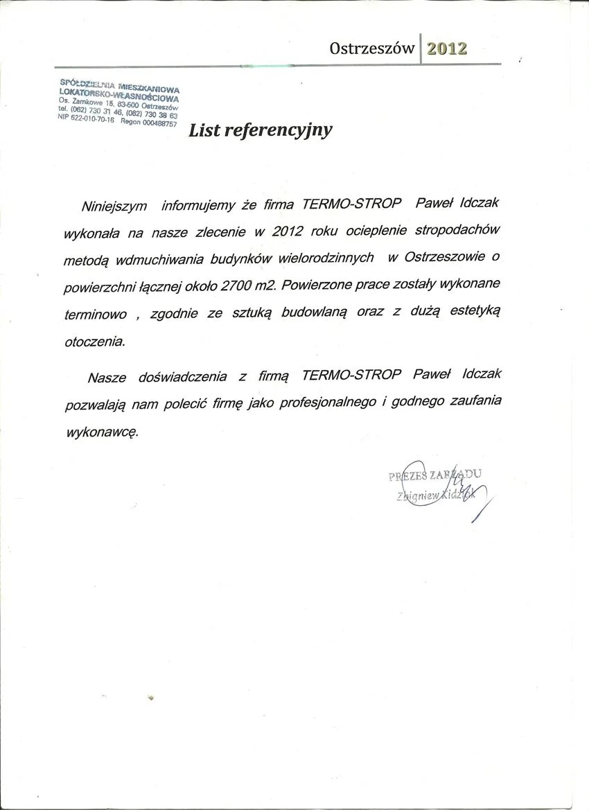 Referencje Ostrzeszowska Spółdzielnia Mieszkaniowa